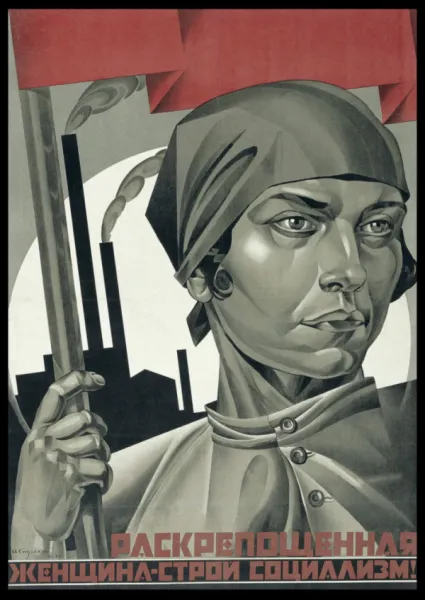 Poster - Emancipated Woman Build Socialism (with red flag)